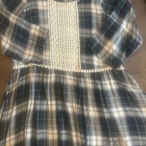 indigo soul Navy and Cream Plaid Top with Crochet Front